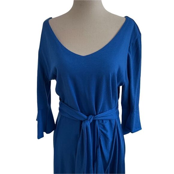 Soft Surroundings Stretchy Blue Ruffled Midi Dress w/ Waist Tie Belt MP - Picture 5 of 9